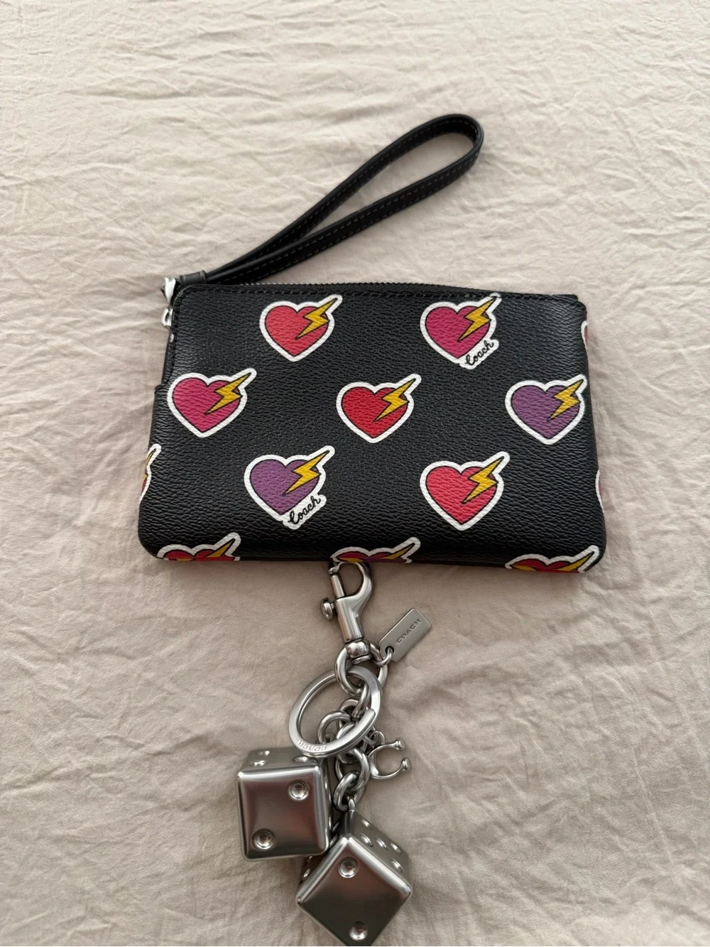 Coach Black Wristlet heart lightning bolt & dice charm/keychain